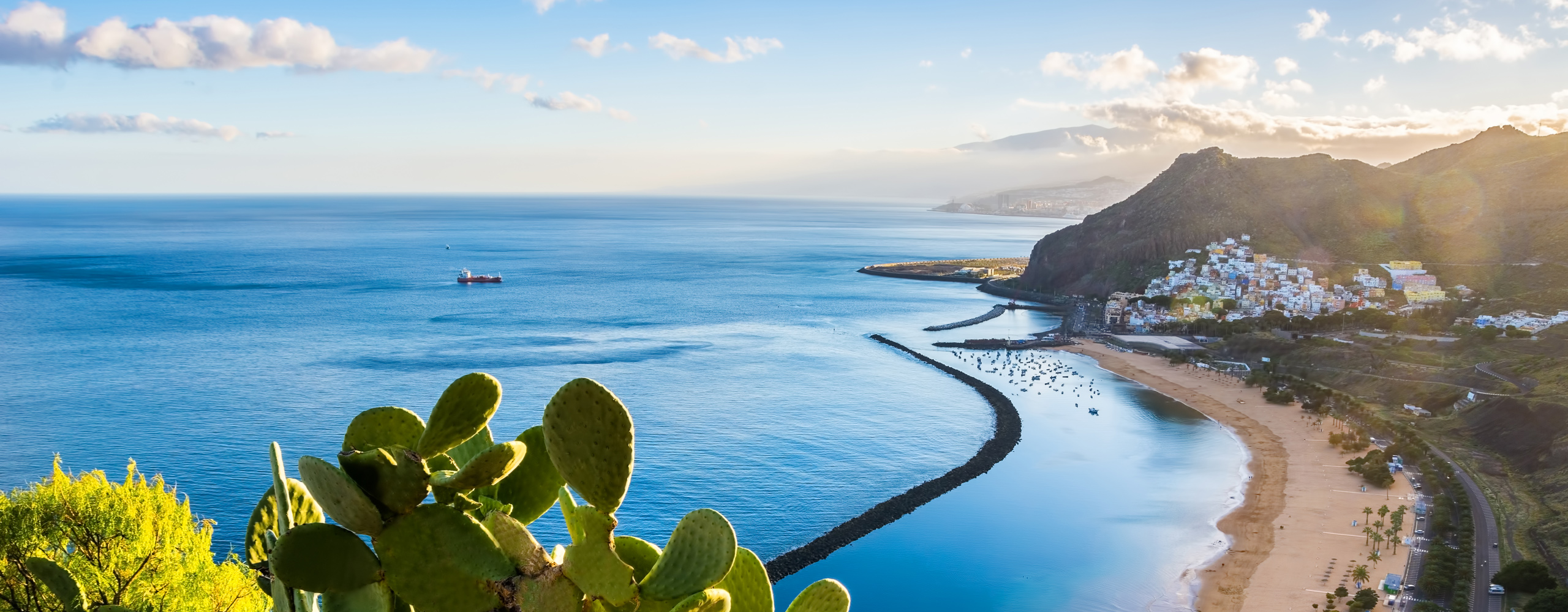 Scenic view of Las Teresitas Beach with golden sand and turquoise waters in Santa Cruz de Tenerife